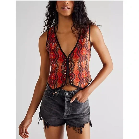 FREE PEOPLE Gemini Vest Rust Combo size XL Quilted Cropped Festival Boho - Picture 2 of 15